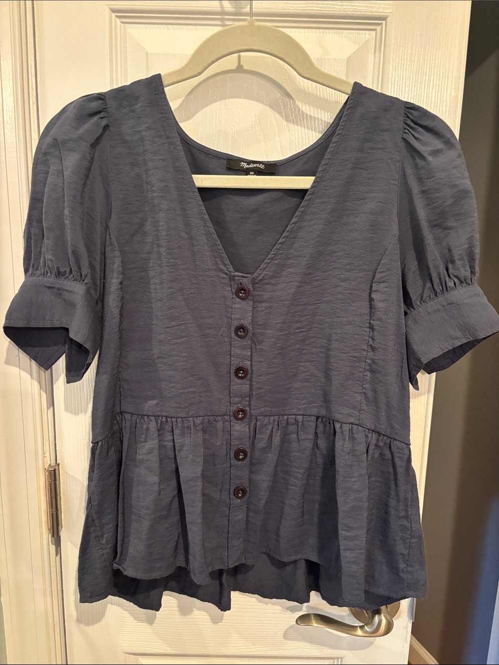 Madewell Drapeweave Puff Sleeve Peplum Top -Slate Blue